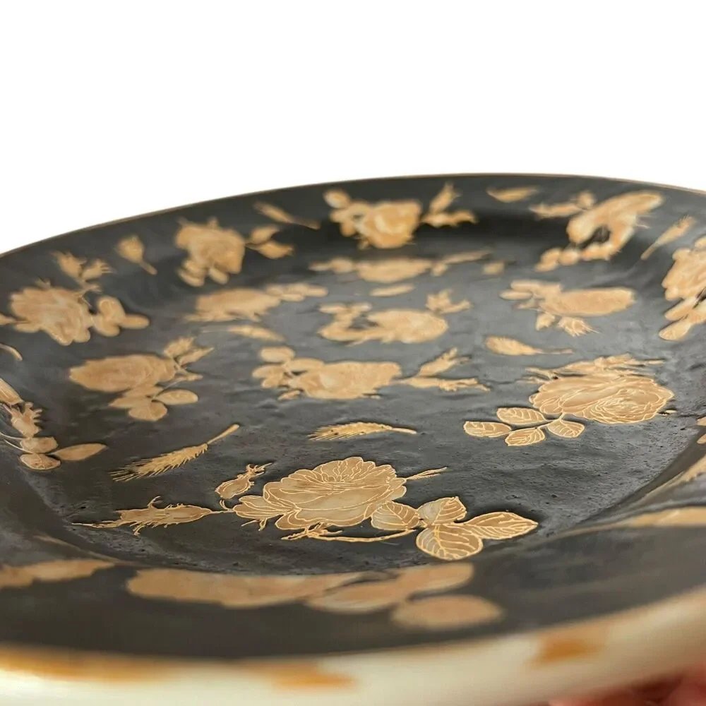 VTG Chinoiserie Polychrome Black‎ Gold Gilt Rose Floral Porcelain Platter Large